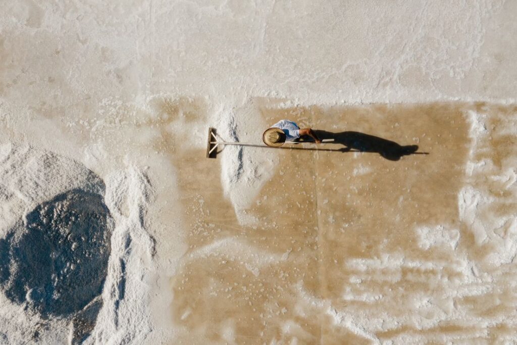 Solar salt evaporation pans at Sahjanand Salt Works, Kutch, Gujarat, India